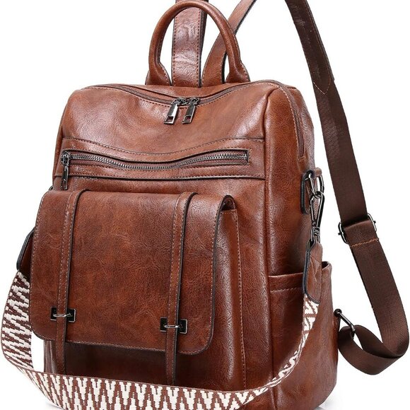 Brown PU Leather Women's Backpack Purse Medium Convertible Travel Work